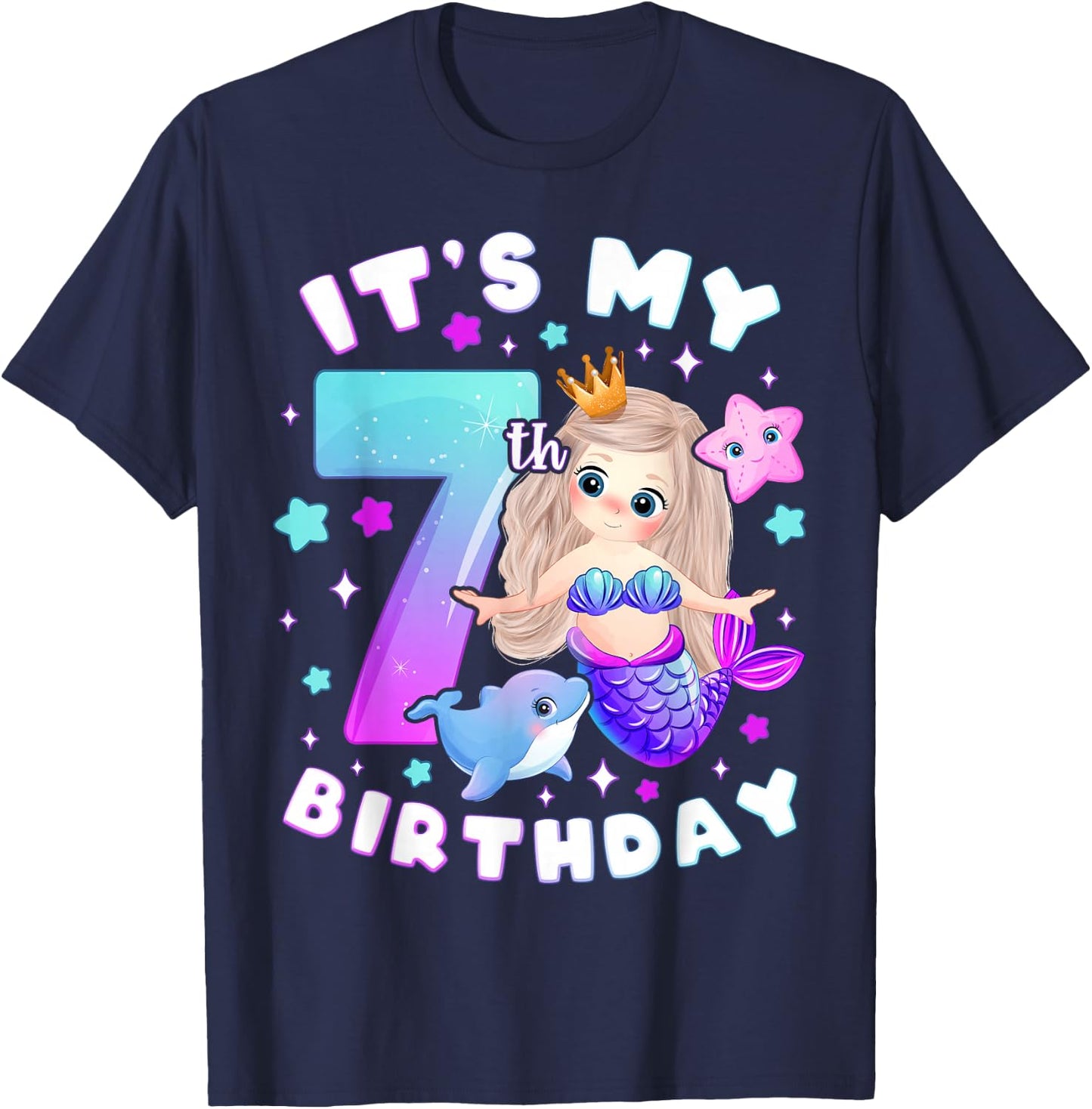 7th Birthday Girl 7 Years Mermaid Number 7 T-Shirt - T-Shirt | Navy