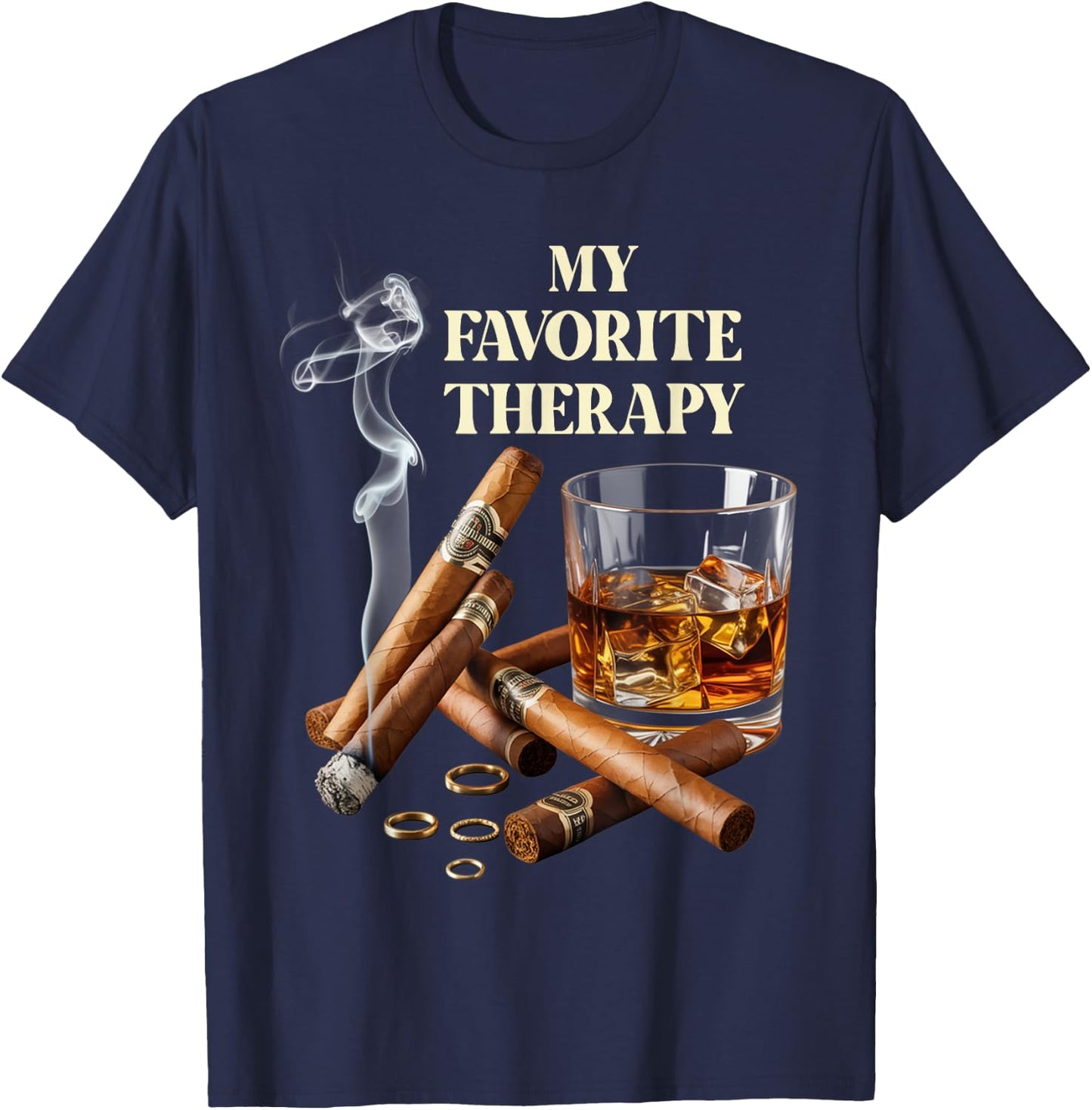 My Favorite Therapy Funny Cigar and Whiskey Lovers T-Shirt - T-Shirt | Navy