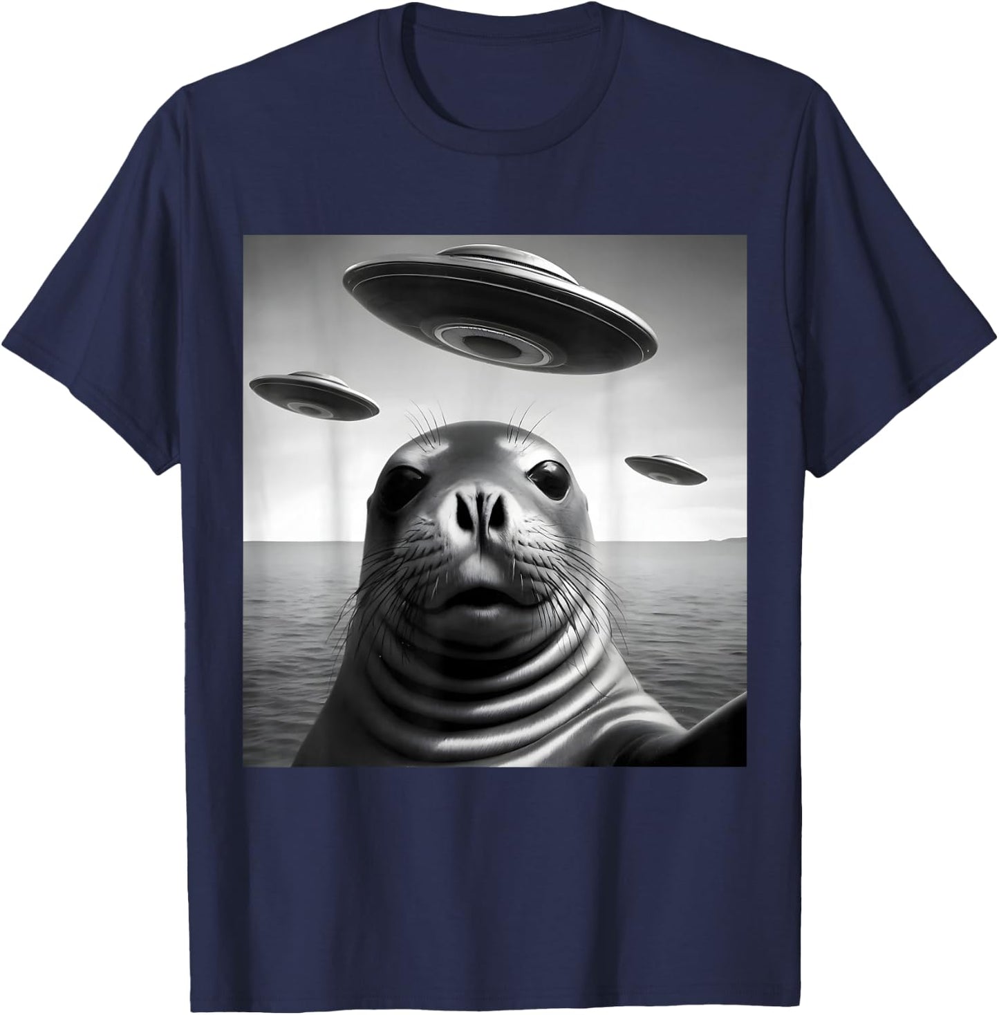 Funny Alien UFO Design Cute Seal Alien Encounter T-Shirt - T-Shirt | Navy