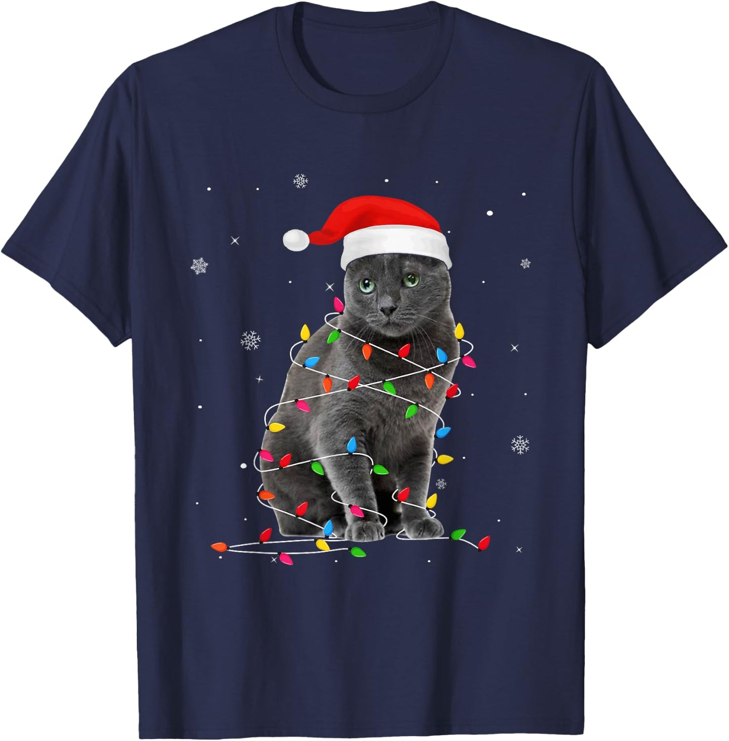 Funny Russian Blue Christmas Light Cat Dad Cat Mom Women Kids T-Shirt - T-Shirt | Navy
