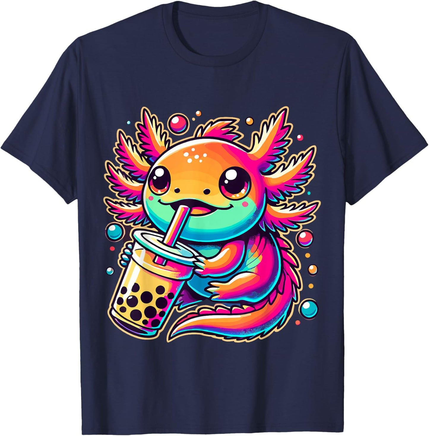 Axolotl drinking Boba Tea Bubble Tea Kawaii T-Shirt - T-Shirt | Navy