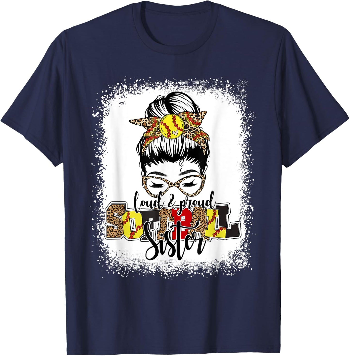 Bleached Softball Sister Leopard Messy Bun Funny Mothers Day T-Shirt - T-Shirt | Navy