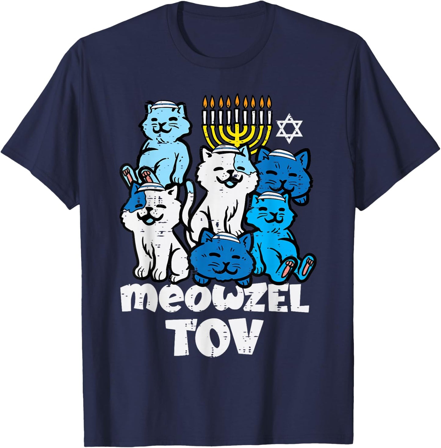 Hanukkah Cats Meowzel Tov Chanukah Jewish Women Girls Kids T-Shirt - T-Shirt | Navy