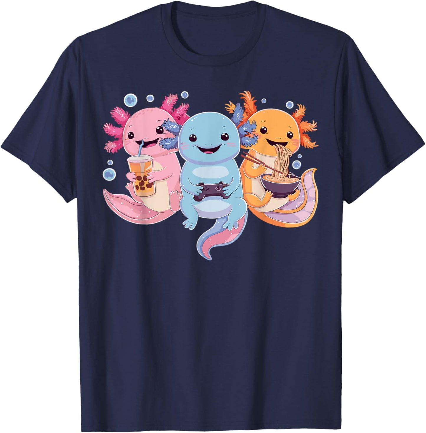 Axolotl Boba Tea Bubble Tea Axolotl Gaming Ramen Axolotl , Small, Black T-Shirt - T-Shirt | Navy