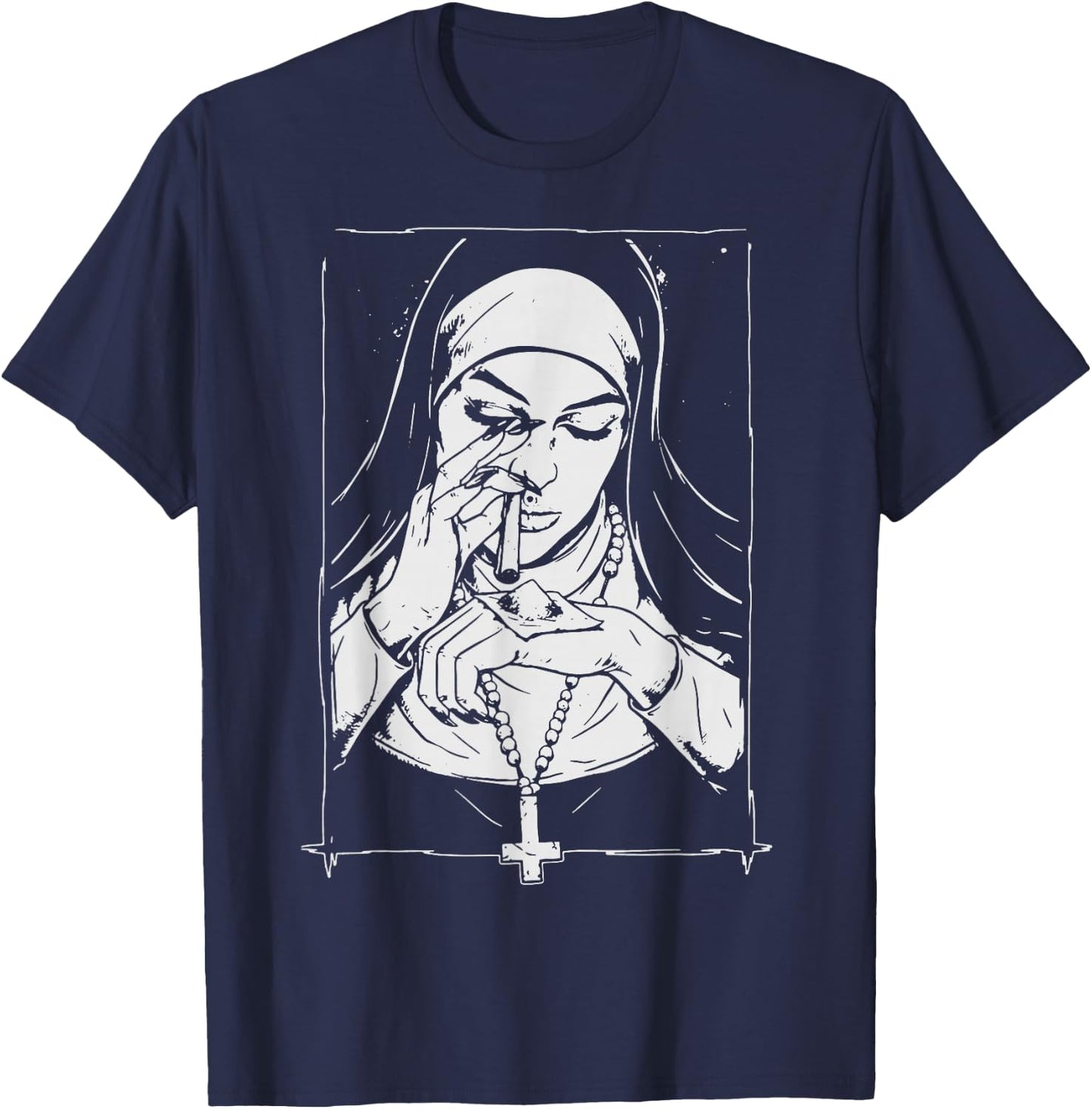 Funny Unholy Drug Nun , Drogen-Nonne-Kostüm-Shirt, Schwarz, S, Kurzarm, Klassisch, Herren, Männer T-Shirt - T-Shirt | Navy