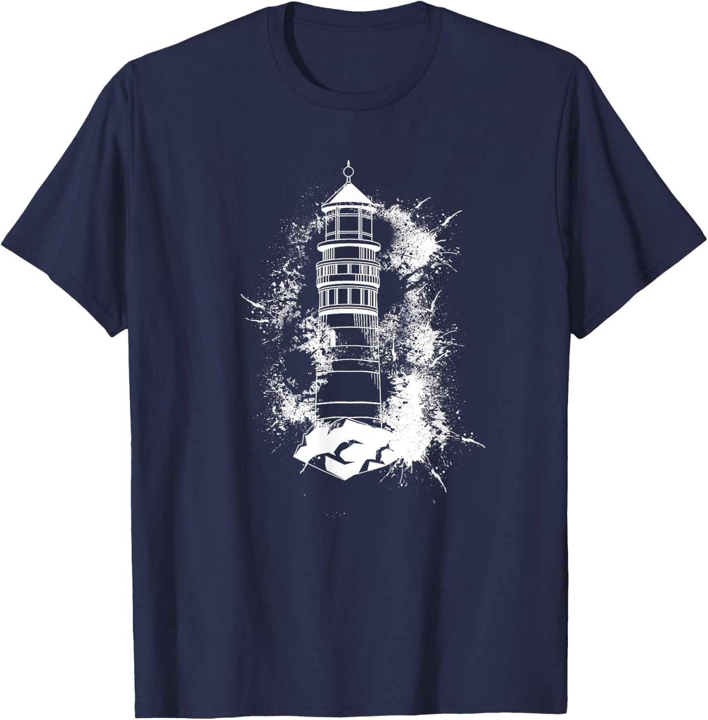 Lighthouse Sea Light Seagulls Coast Harbour Maritime Lighthouse, black, s T-Shirt - T-Shirt | Navy