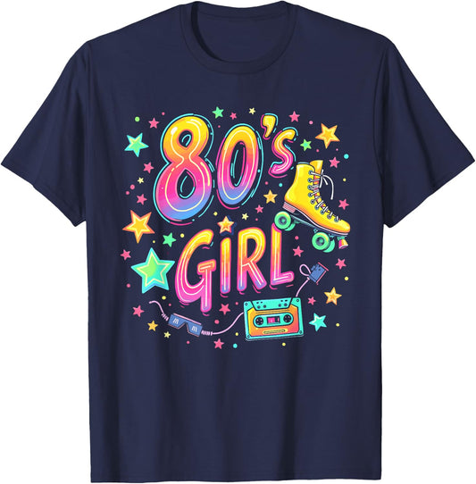Girls 80s Retro Roller Skates , Black, S T-Shirt - T-Shirt | Navy