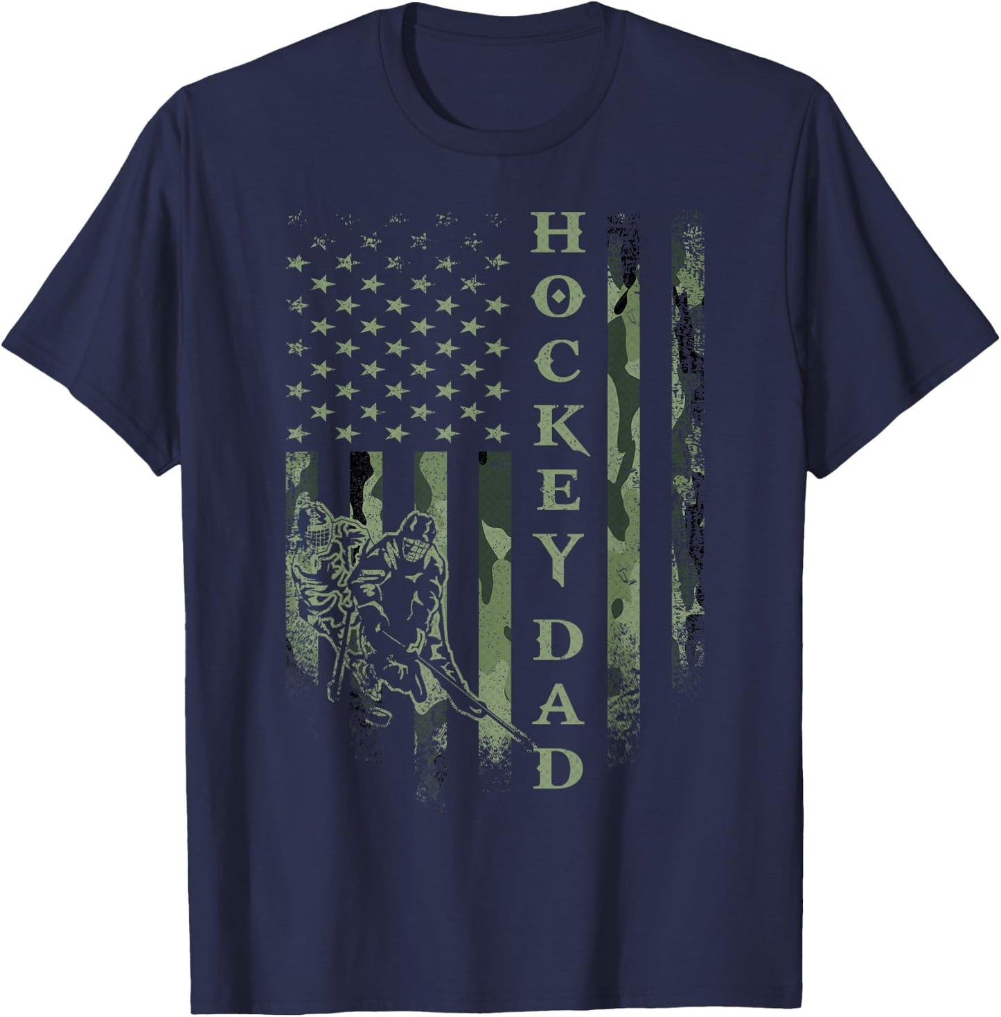 Vintage USA American Camo Flag Proud Hockey Dad Silhouette T-Shirt - T-Shirt | Navy