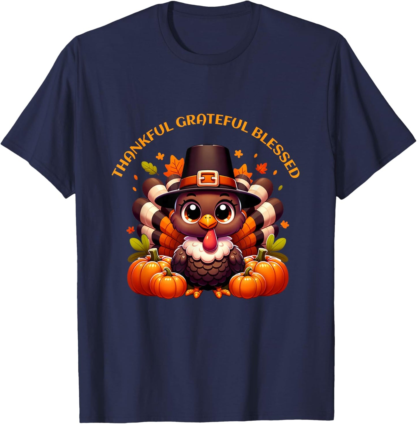 Thankful Grateful Blessed Cute Turkey Thanksgiving For Kids T-Shirt - T-Shirt | Navy