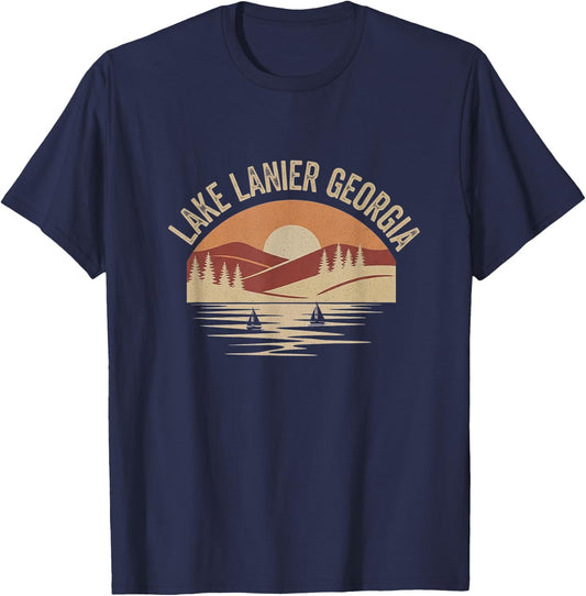 Retro Lake Lanier Georgia Drawing Art Design T-Shirt - T-Shirt | Navy