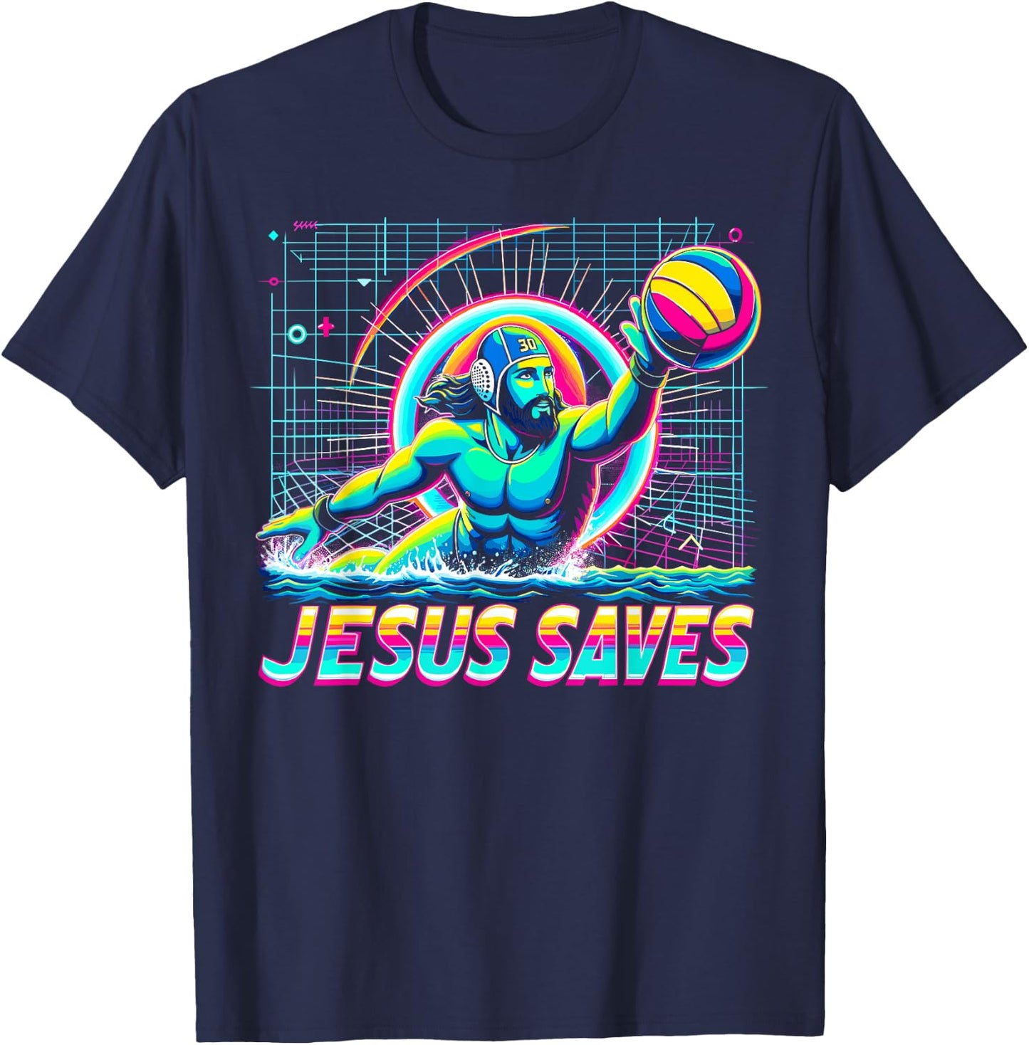 80s Vaporwave Jesus Saves Water Polo T-Shirt - T-Shirt | Navy