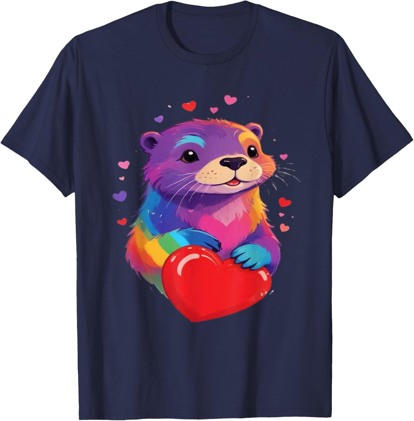 Otter Shirt - Otter Print Colorful Heart , Black, S T-Shirt - T-Shirt | Navy