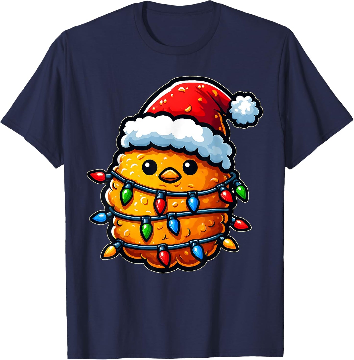 Cute Kawaii Chicken Nugget Nug Xmas Christmas Hat - -Adults, -Kids - Black - Small - Short Sleeve T-Shirt - T-Shirt | Navy