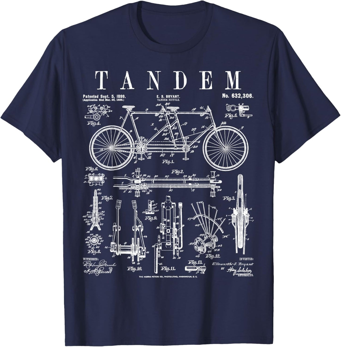 Tandem Bicycle Cycling Cyclist Biker Bike Vintage Patent T-Shirt - T-Shirt | Navy