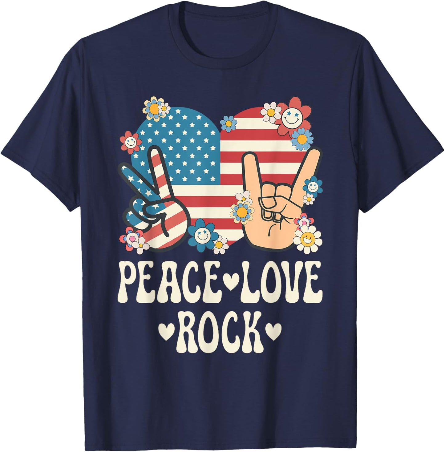 Peace Love Rock And Roll American Flag Patriotic Retro Rock T-Shirt - T-Shirt | Navy