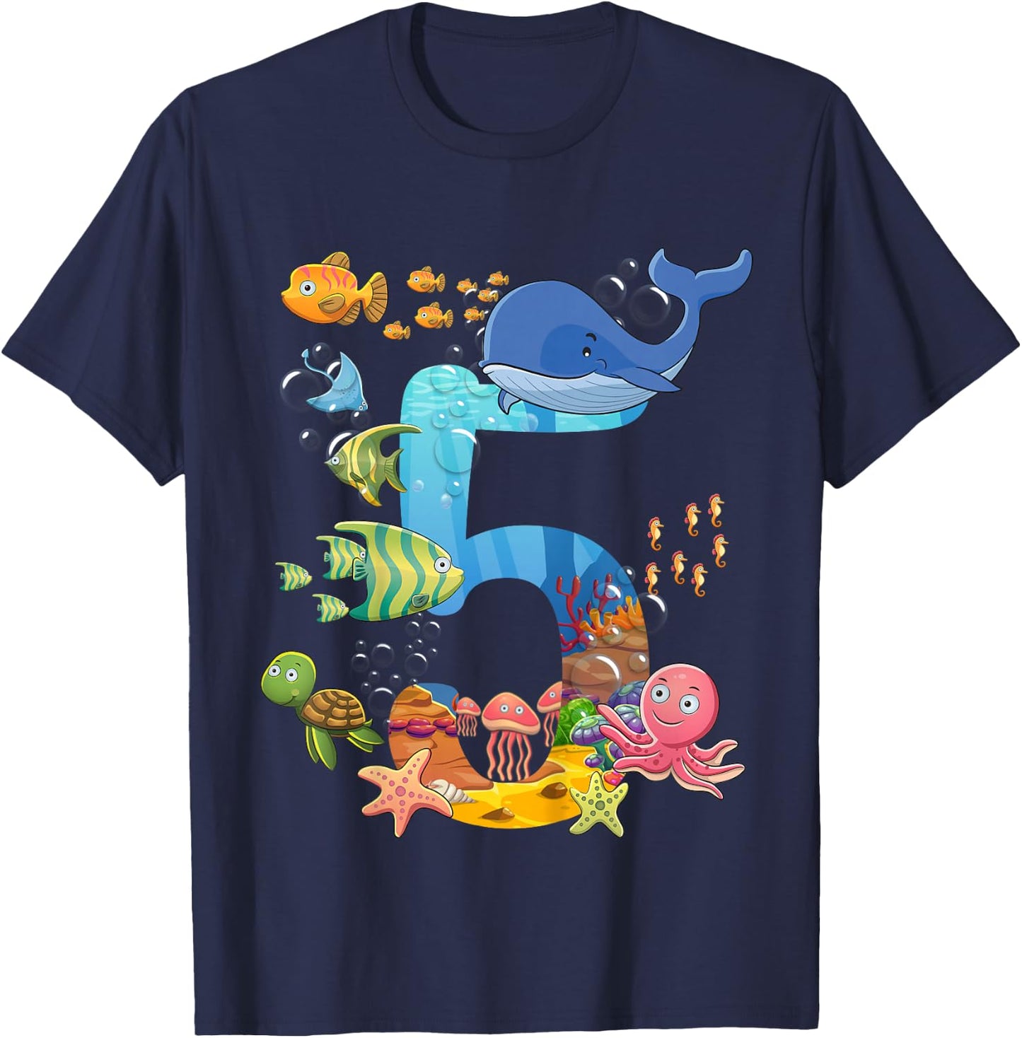 5 Years Old Sea Fish Ocean Animal 5th Birthday Boy Girl T-Shirt - T-Shirt | Navy
