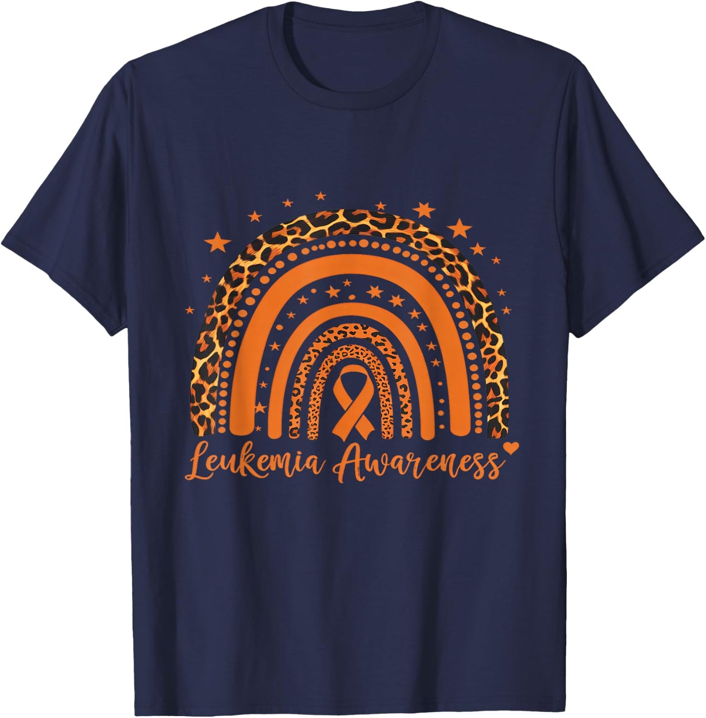 Leukemia Cancer Awareness Leopard Orange Ribbon Rainbow T-Shirt - T-Shirt | Navy