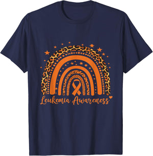 Leukemia Cancer Awareness Leopard Orange Ribbon Rainbow T-Shirt - T-Shirt | Navy