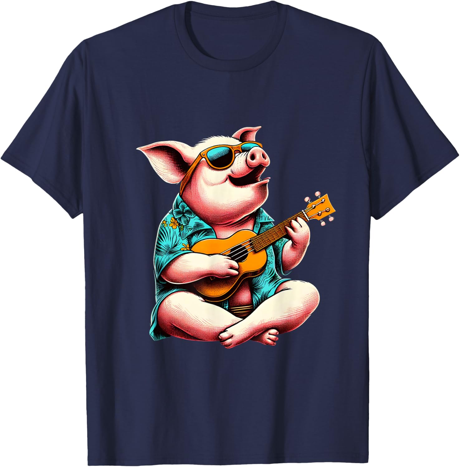 Pig Wearing a Hawaiian Shirt, Playing a Ukulele T-Shirt - T-Shirt | Navy