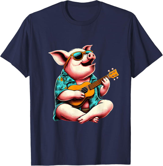 Pig Wearing a Hawaiian Shirt, Playing a Ukulele T-Shirt - T-Shirt | Navy