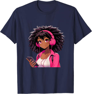 Black Girl Anime Music Headphones T-Shirt - T-Shirt | Navy