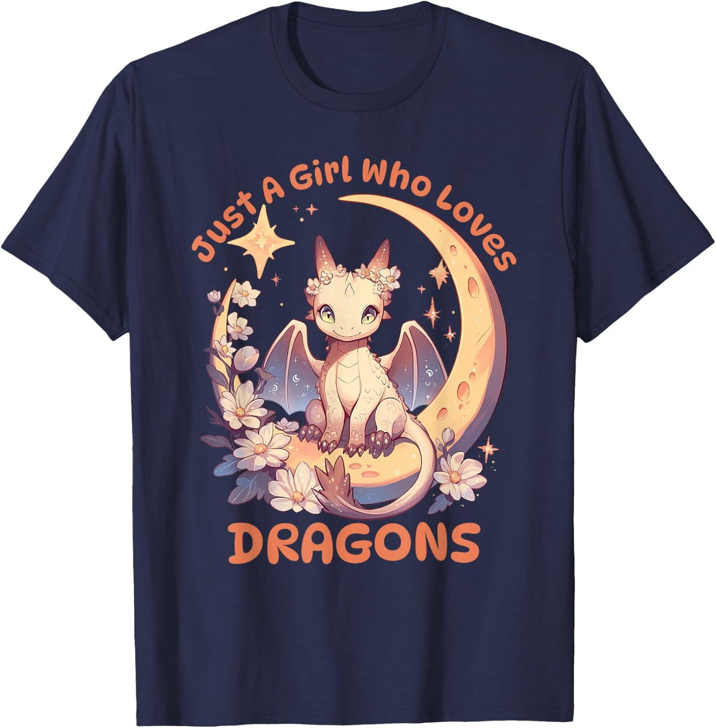 Just A Girl Who Loves Dragons Cute Dragon On Crescent Moon T-Shirt - T-Shirt | Navy