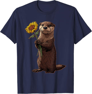 Otter Holding Sunflower Cute Animal Lover T-Shirt - T-Shirt | Navy