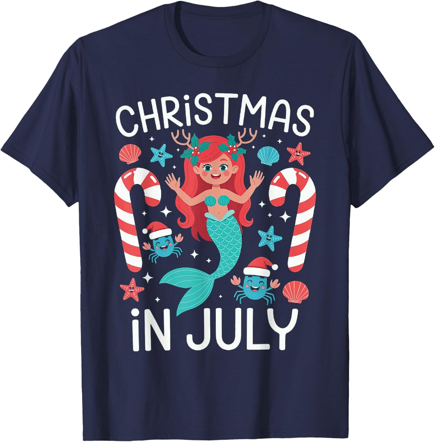 Christmas In July Cute Mermaid Summer T-Shirt - T-Shirt | Navy
