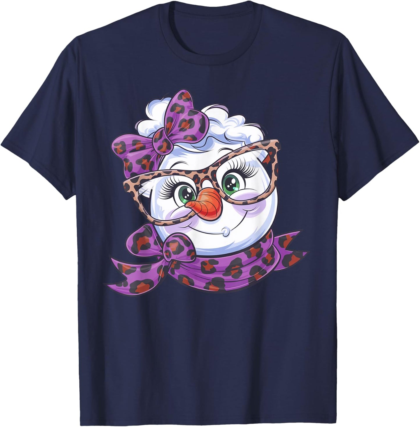 Winter Snowman Face Leopard Bow Eyelashes Black Classic Fit Short Sleeve XS T-Shirt - T-Shirt | Navy