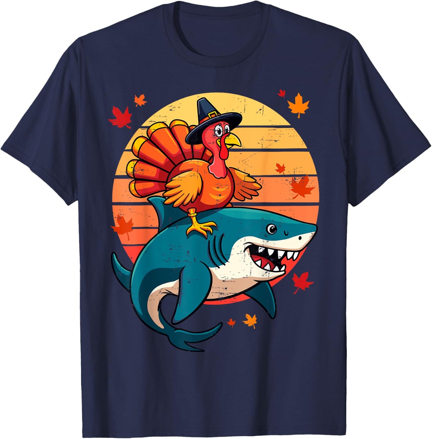 Funny Shark & Turkey Thanksgiving Day Kids Harvest Festival T-Shirt - T-Shirt | Navy