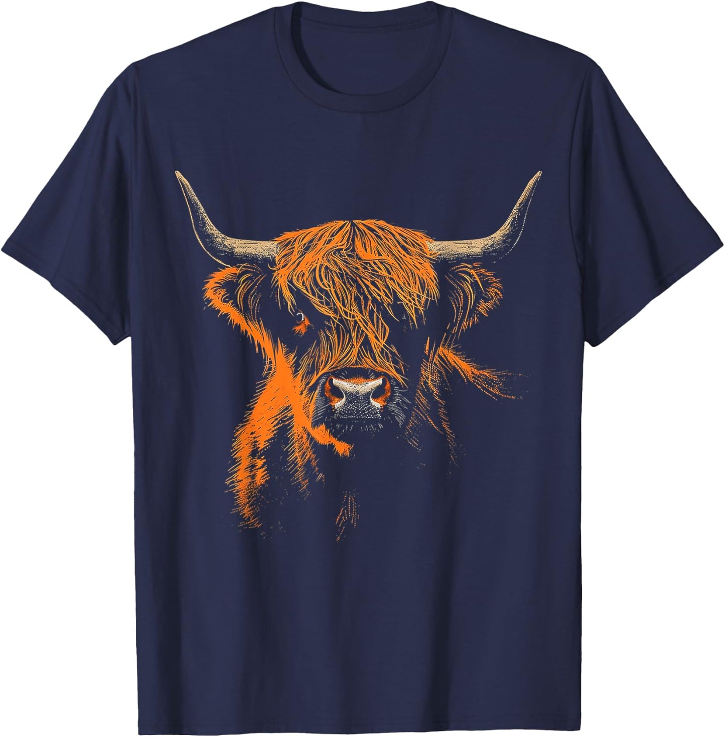Highland Cow Farm Art Animal Portrait Graphic Highland Cow T-Shirt - T-Shirt | Navy
