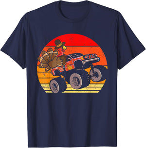 Boys Kids Thanksgiving Turkey Riding Monster Truck Vintage T-Shirt - T-Shirt | Navy