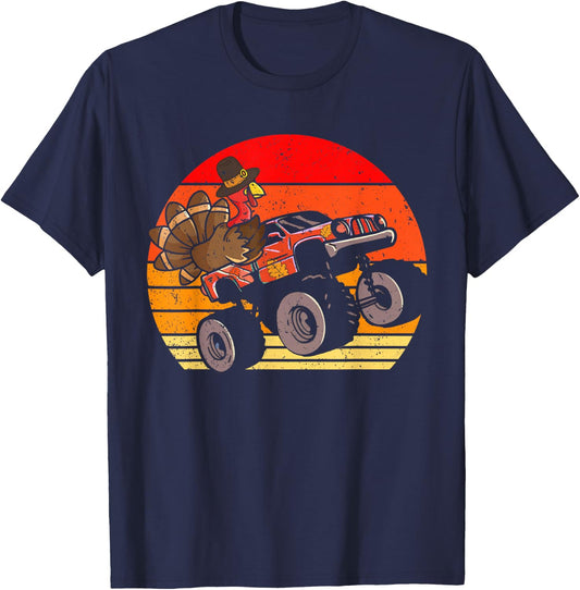 Boys Kids Thanksgiving Turkey Riding Monster Truck Vintage T-Shirt - T-Shirt | Navy