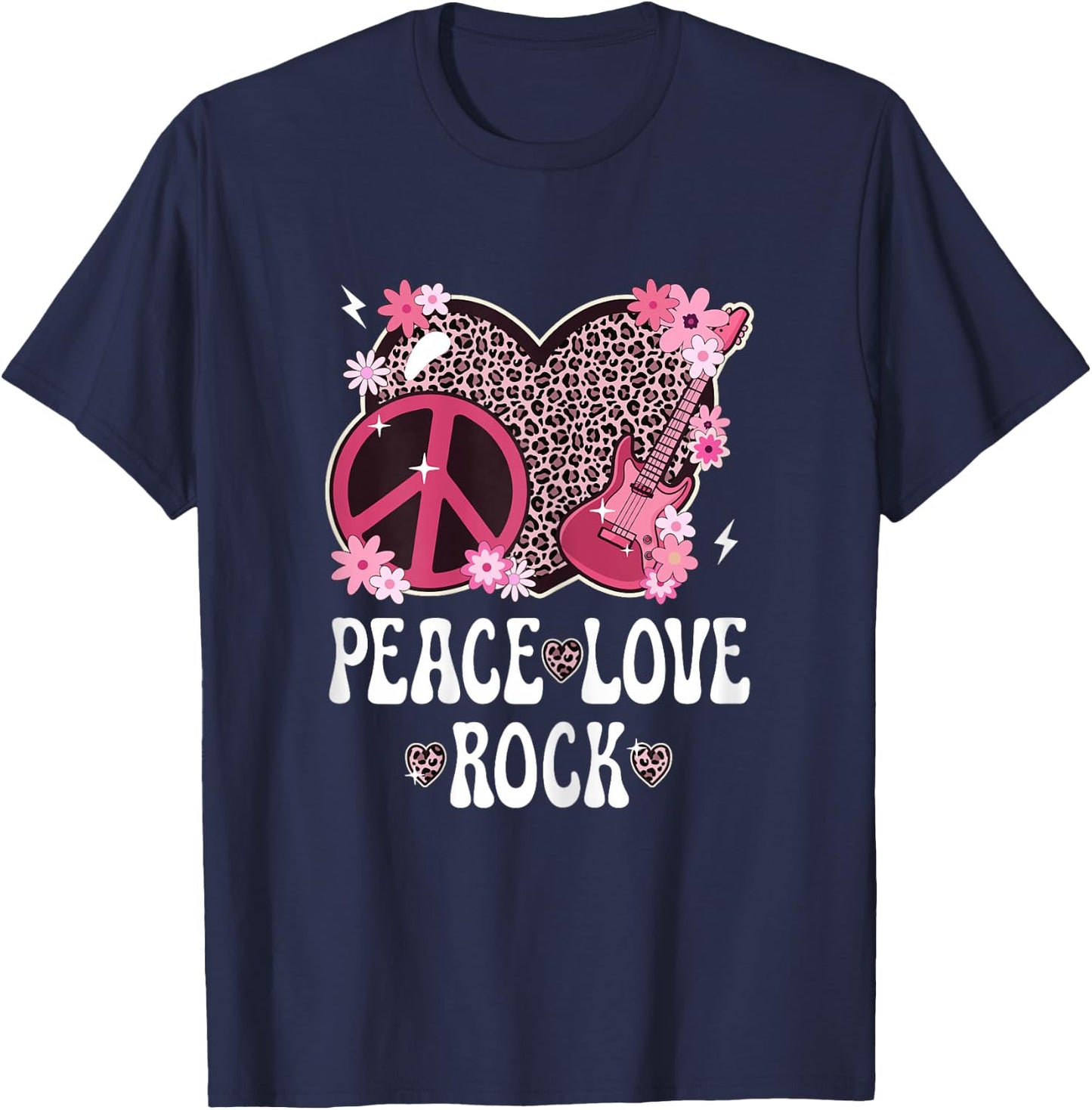 Peace Love Rock And Roll Leopard Print Women Rock Outfit T-Shirt - T-Shirt | Navy