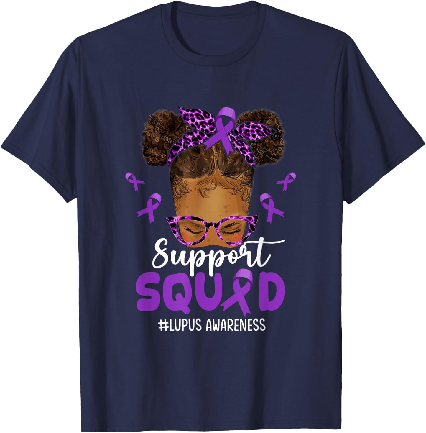 Support-Squad Afro Messy Bun Leopard Lupus Awareness T-Shirt - T-Shirt | Navy