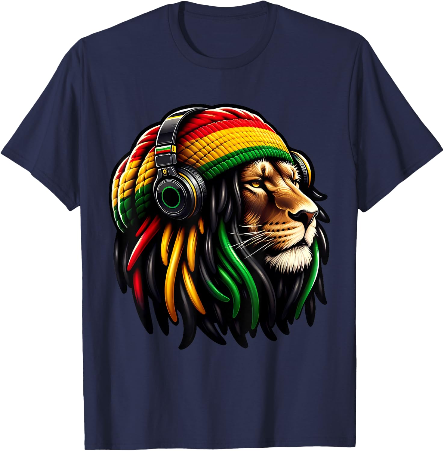 Jamaican Reggae Lion by Judah Rastafarian Lion T-Shirt - T-Shirt | Navy