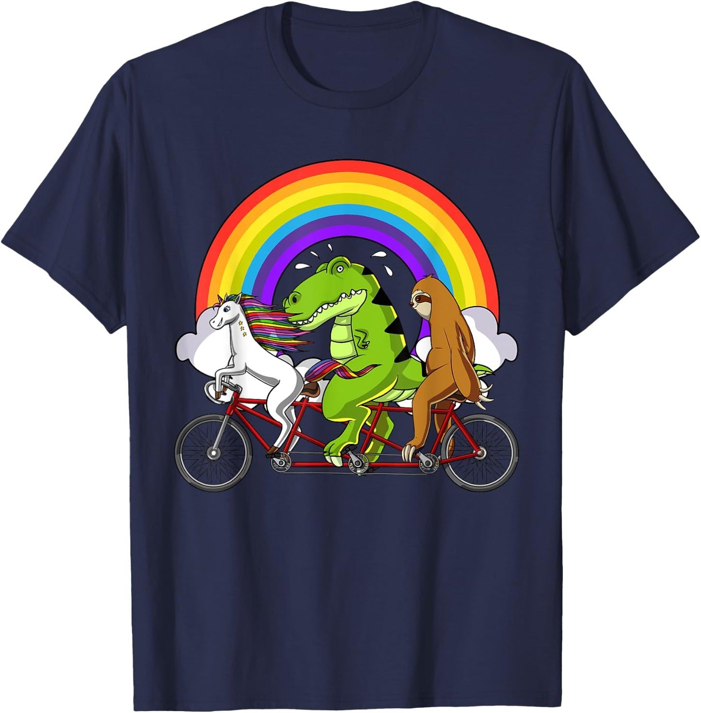 Unicorn T-Rex Dinosaur Sloth Riding Bicycle Rainbow Party T-Shirt - T-Shirt | Navy