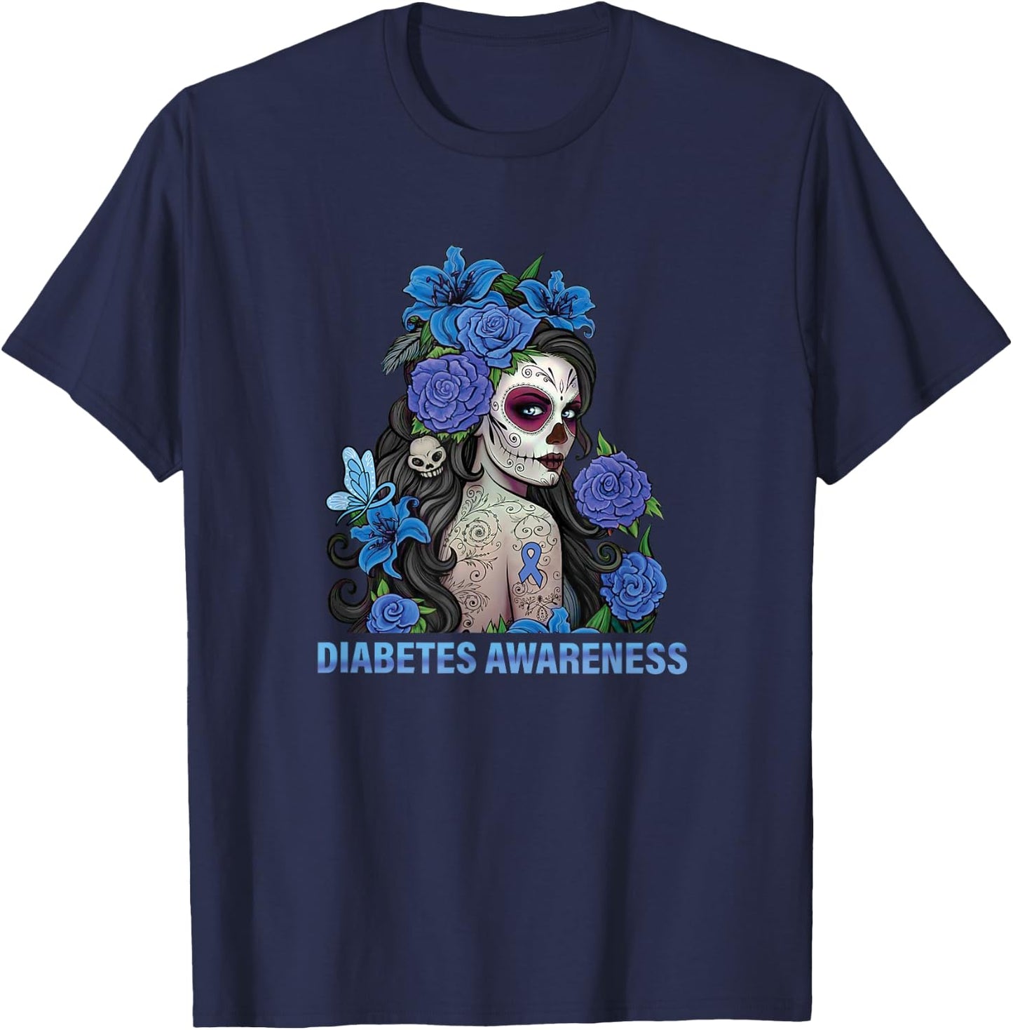 Floral Sugar Skull Women Diabetes Awareness T-Shirt - T-Shirt | Navy