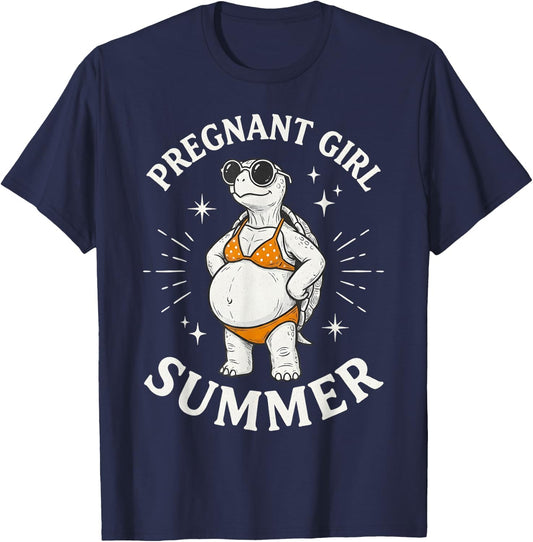 Funny Pregnant Girl Summer Cute Turtle Pregnancy Beach Vibes T-Shirt - T-Shirt | Navy