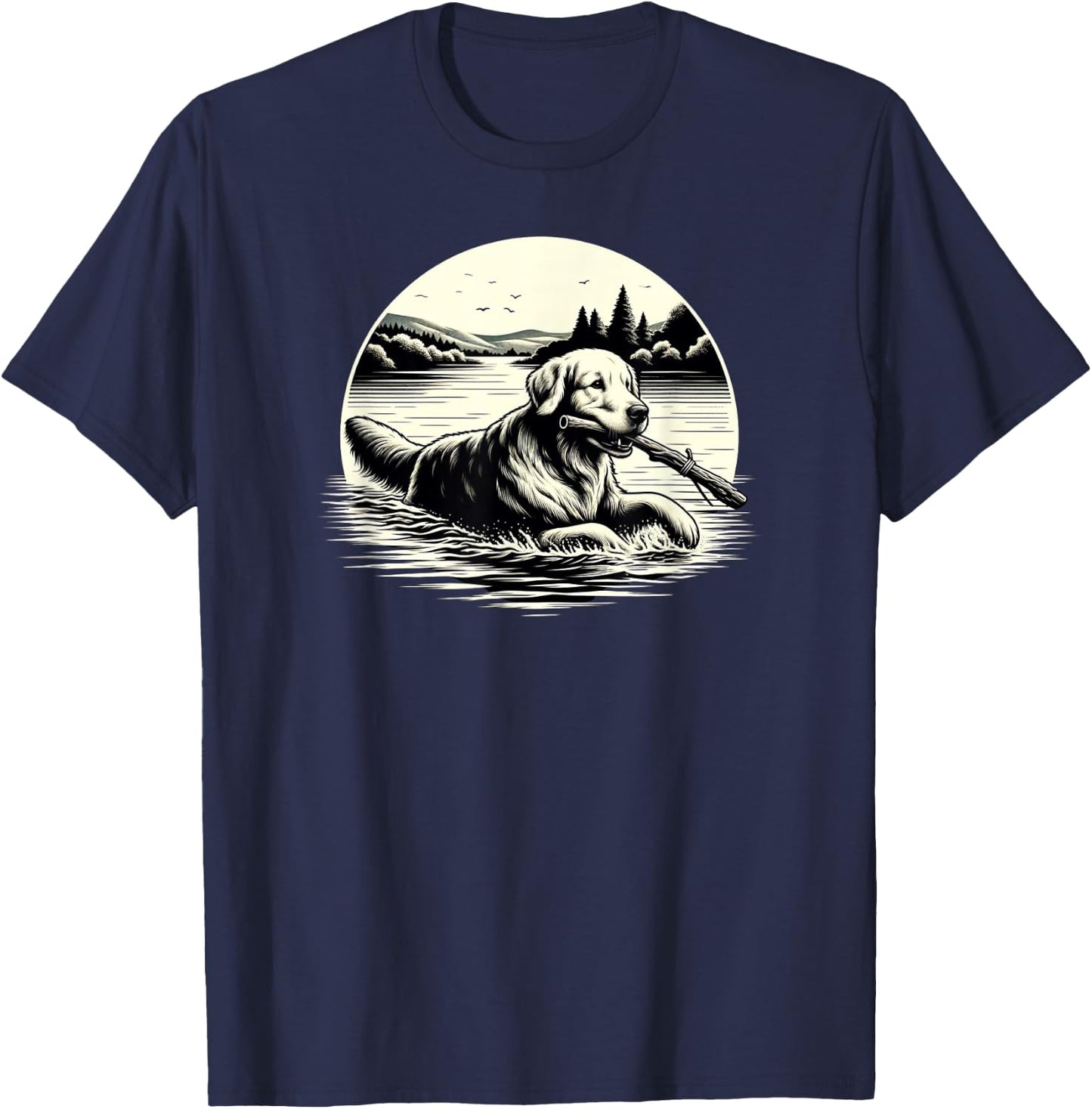 Golden Retriever Lake Retrieval Scene T-Shirt - T-Shirt | Navy
