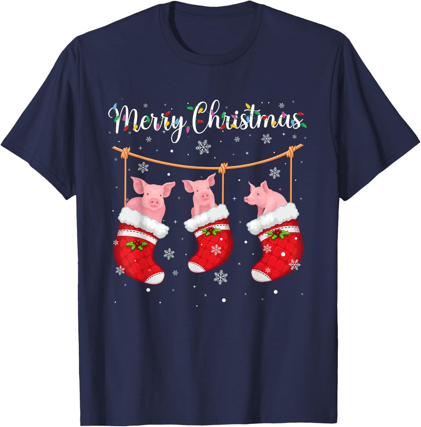 Pig in Xmas Socks Funny Holiday Ugly Sweater Christmas T-Shirt - T-Shirt | Navy