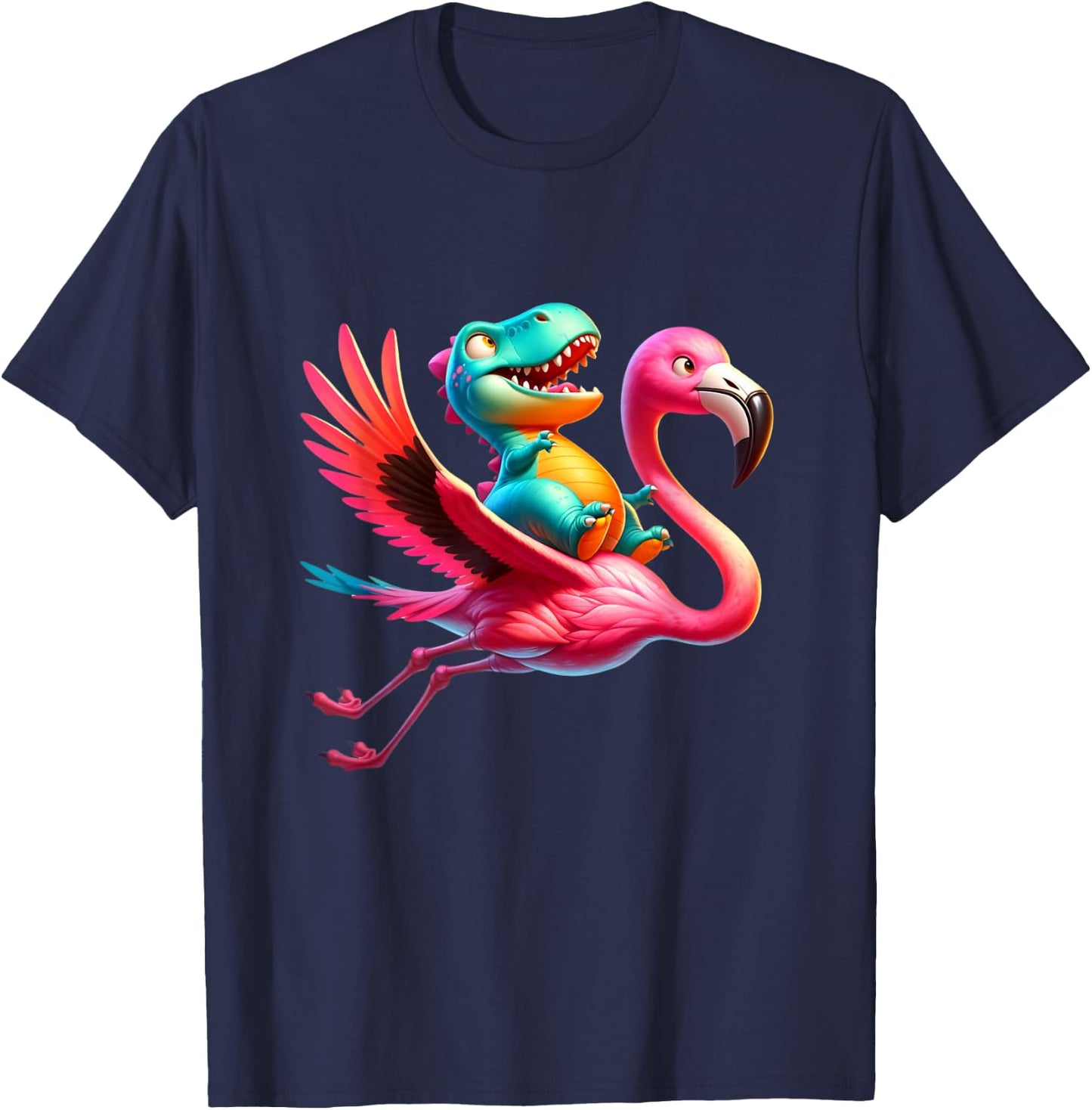 Cute T-Rex Dinosaur flying on a Flamingo Funny T-Shirt - T-Shirt | Navy