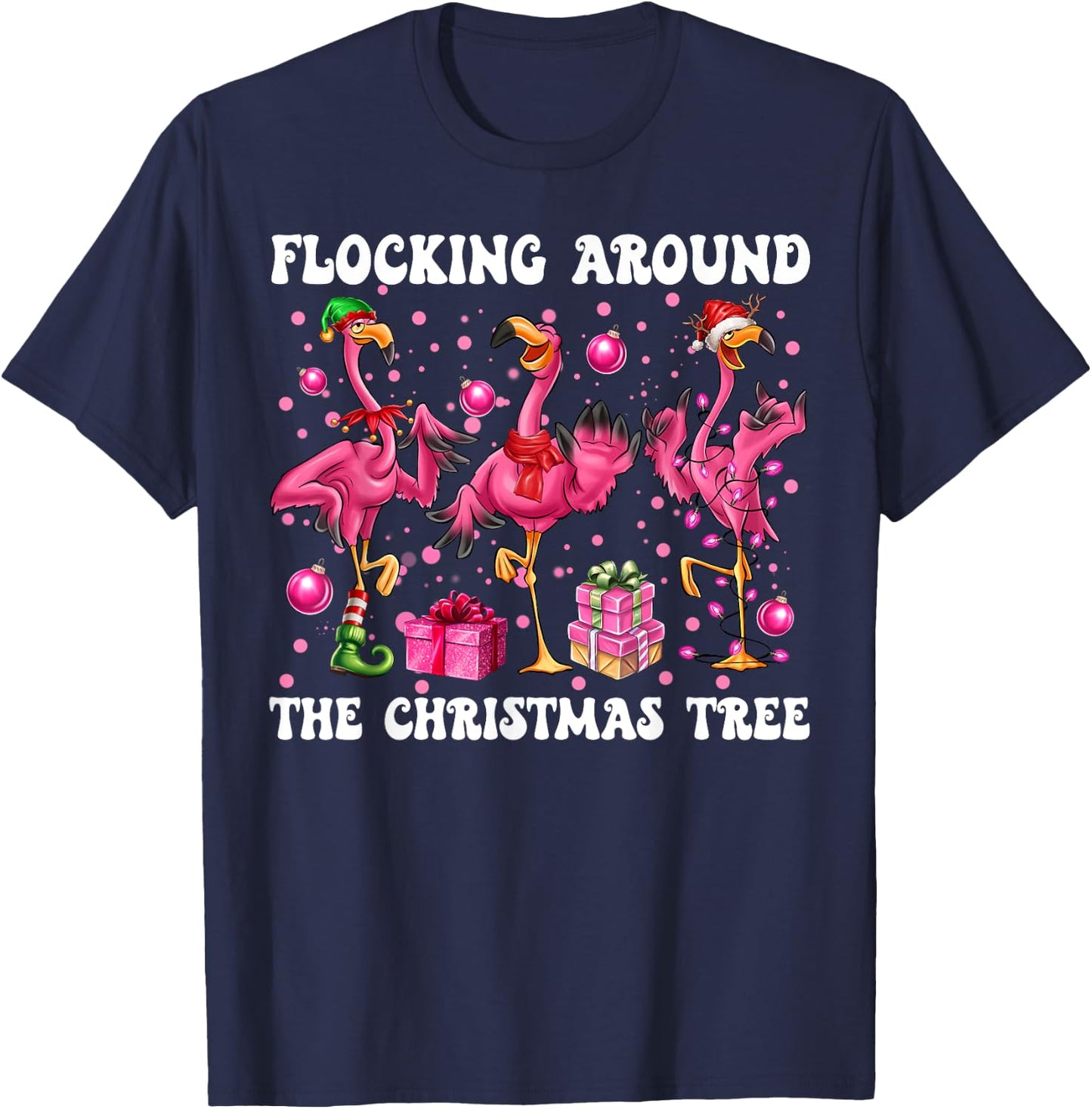 Flocking Around The Christmas Tree Flamingo Christmas Crew T-Shirt - T-Shirt | Navy