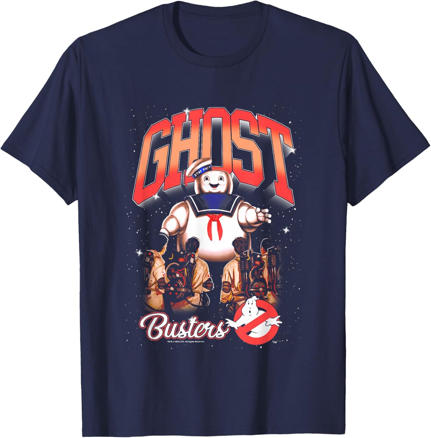 Ghostbusters Cute Stay Puft Loom Group Shot Retro Big Logo T-Shirt - T-Shirt | Navy
