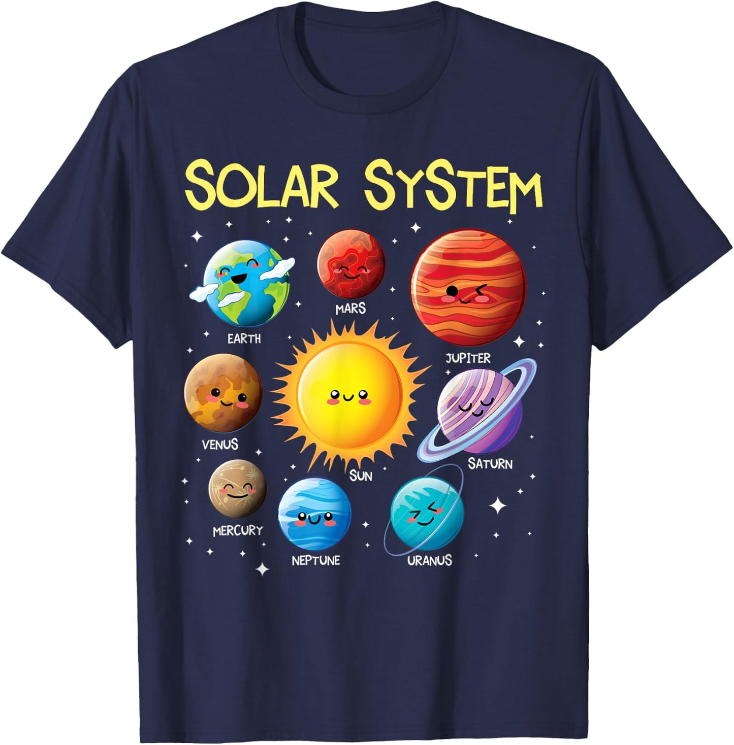 Solar System Cute Face Planets Space Science Teacher School T-Shirt - T-Shirt | Navy