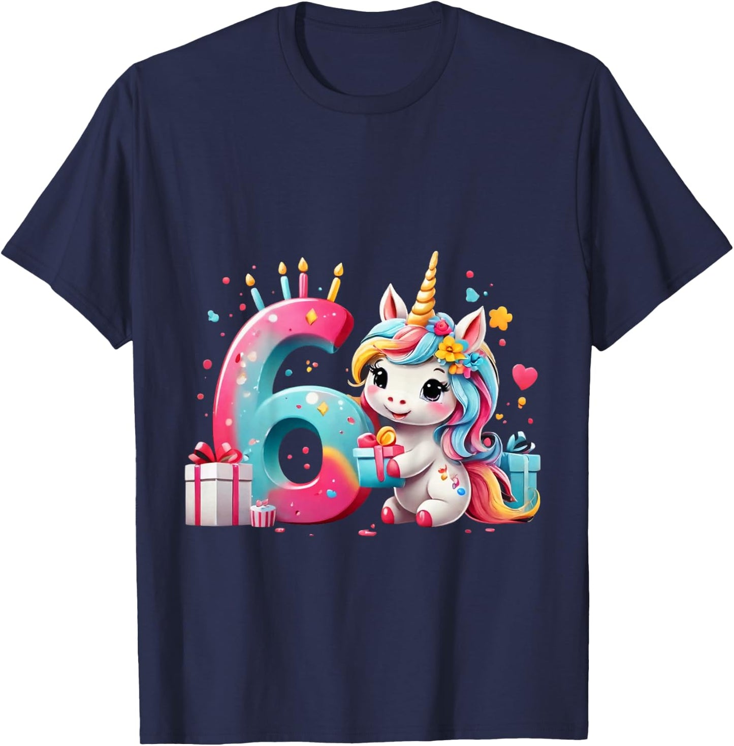 Children's Number 6 Years Girls Unicorn 6th Birthday , black T-Shirt - T-Shirt | Navy