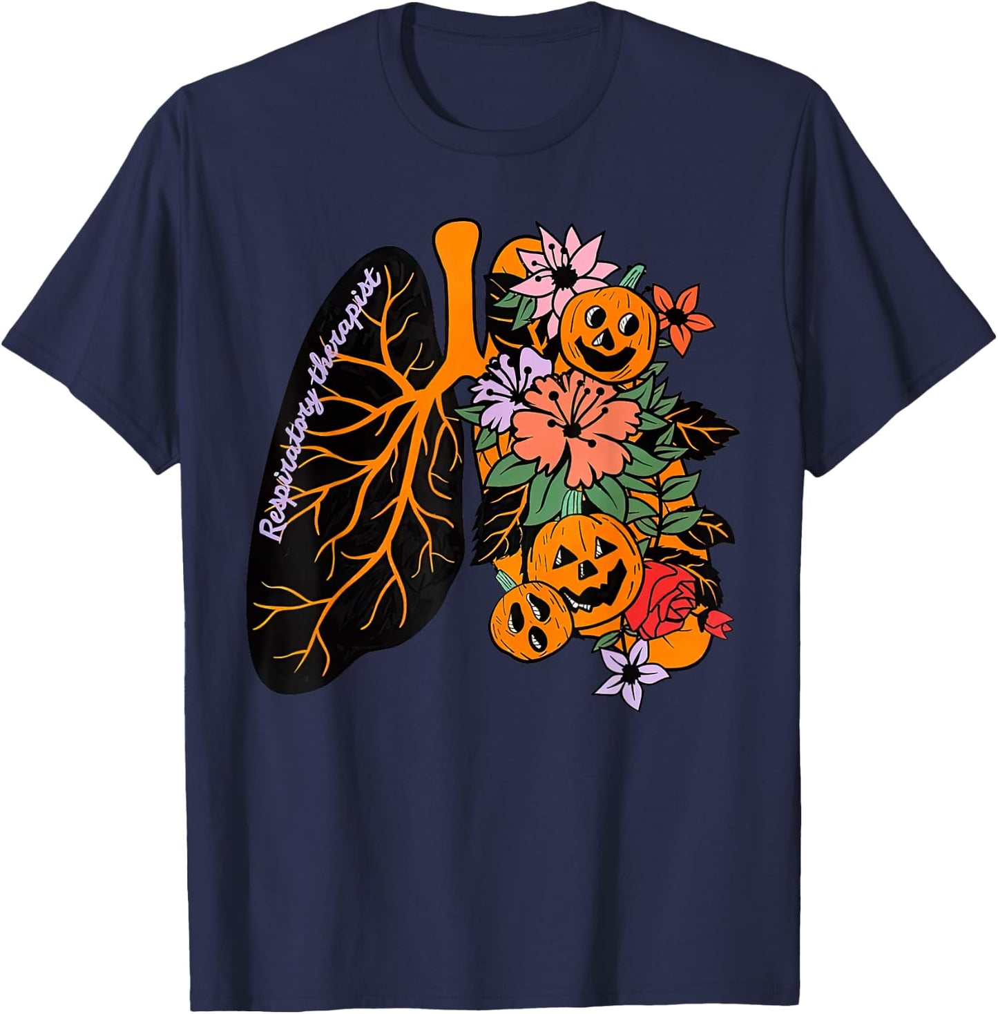 Respiratory Therapist RT Lung Floral Pumpkin Halloween T-Shirt - T-Shirt | Navy