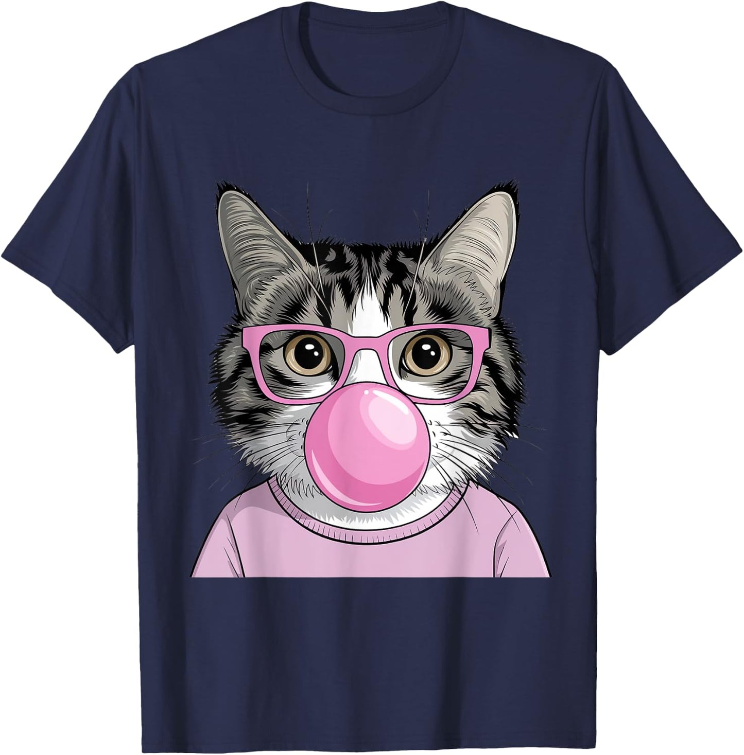 Funny Cat with Glasses Blowing Bubble Gum Cute Cat Women Girls Kids T-Shirt - T-Shirt | Navy