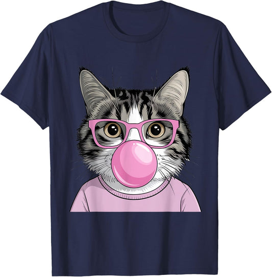 Funny Cat with Glasses Blowing Bubble Gum Cute Cat Women Girls Kids T-Shirt - T-Shirt | Navy