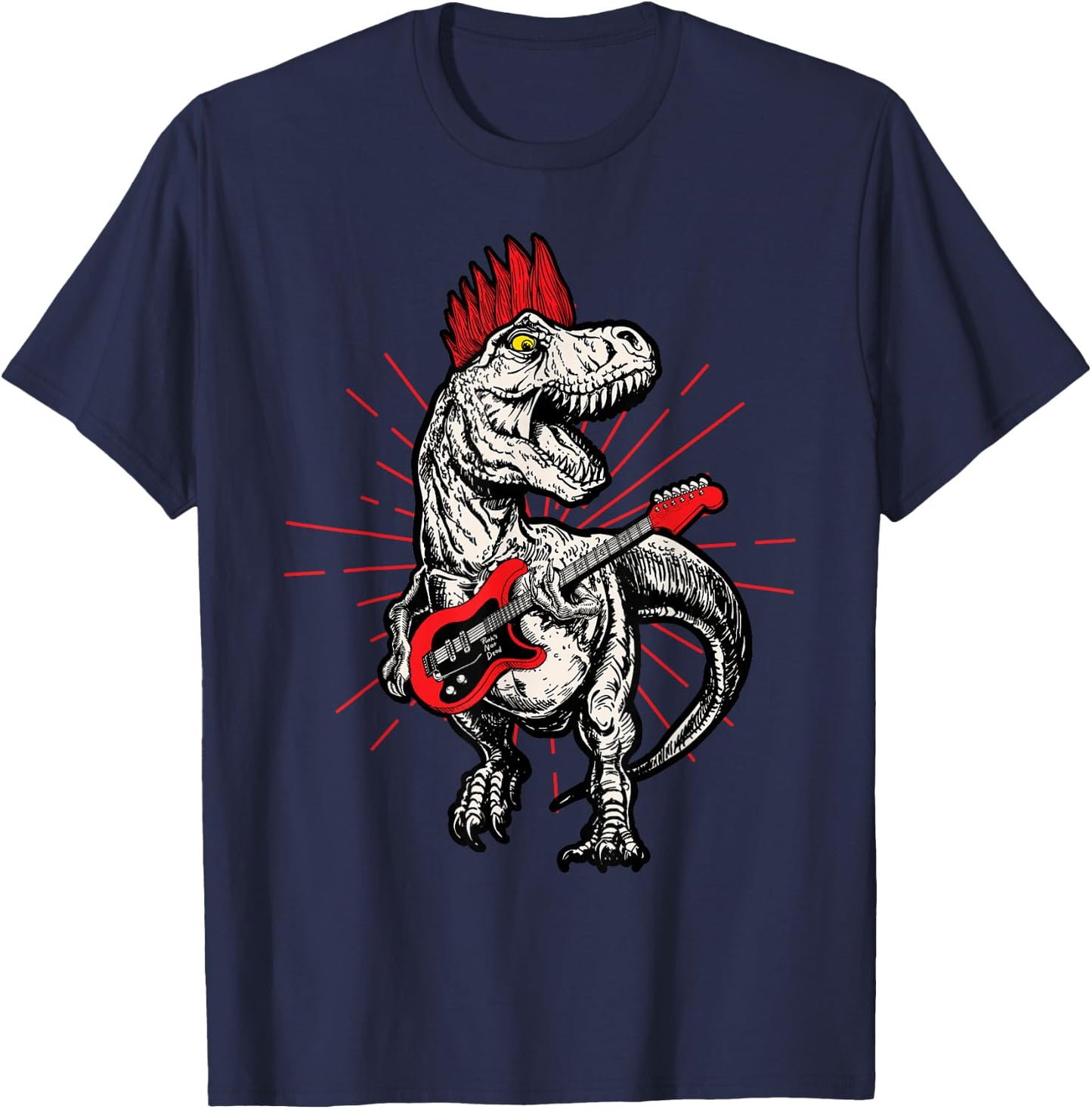 Punk Rock T-Rex Mohawk Playing Guitar Rock n' Roll Dinosaur T-Shirt - T-Shirt | Navy